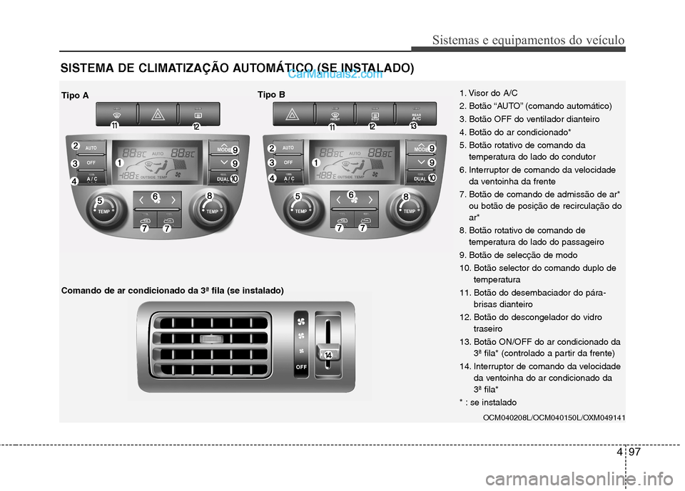 Hyundai Santa Fe 2011 Manual do proprietário (in Portuguese) 497
Sistemas e equipamentos do veículo
SISTEMA DE CLIMATIZAÇÃO AUTOMÁTICO (SE INSTALADO)
OCM040208L/OCM040150L/OXM049141
1. Visor do A/C
2. Botão “AUTO” (comando automático)
3. Botão OFF d Hyundai Santa Fe 2011 Manual do proprietário (in Portuguese) 497
Sistemas e equipamentos do veículo
SISTEMA DE CLIMATIZAÇÃO AUTOMÁTICO (SE INSTALADO)
OCM040208L/OCM040150L/OXM049141
1. Visor do A/C
2. Botão “AUTO” (comando automático)
3. Botão OFF d