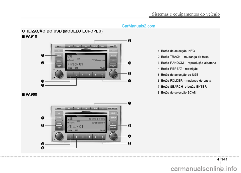 Hyundai Santa Fe 2011 Manual do proprietário (in Portuguese) 4141
Sistemas e equipamentos do veículo
1. Botão de selecção INFO
2. Botão TRACK - mudança de faixa
3. Botão RANDOM - reprodução aleatória
4. Botão REPEAT - repetição
5. Botão de s Hyundai Santa Fe 2011 Manual do proprietário (in Portuguese) 4141
Sistemas e equipamentos do veículo
1. Botão de selecção INFO
2. Botão TRACK - mudança de faixa
3. Botão RANDOM - reprodução aleatória
4. Botão REPEAT - repetição
5. Botão de s