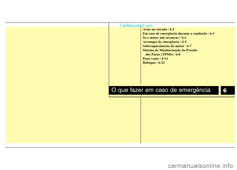 Hyundai Santa Fe 2011  Manual do proprietário (in Portuguese) 6
Aviso na estrada / 6-2 
Em caso de emergência durante a condução / 6-3
Se o motor não arrancar / 6-4
Arranque de emergência / 6-5
Sobreaquecimento do motor / 6-7
Sistema de Monitorização da P