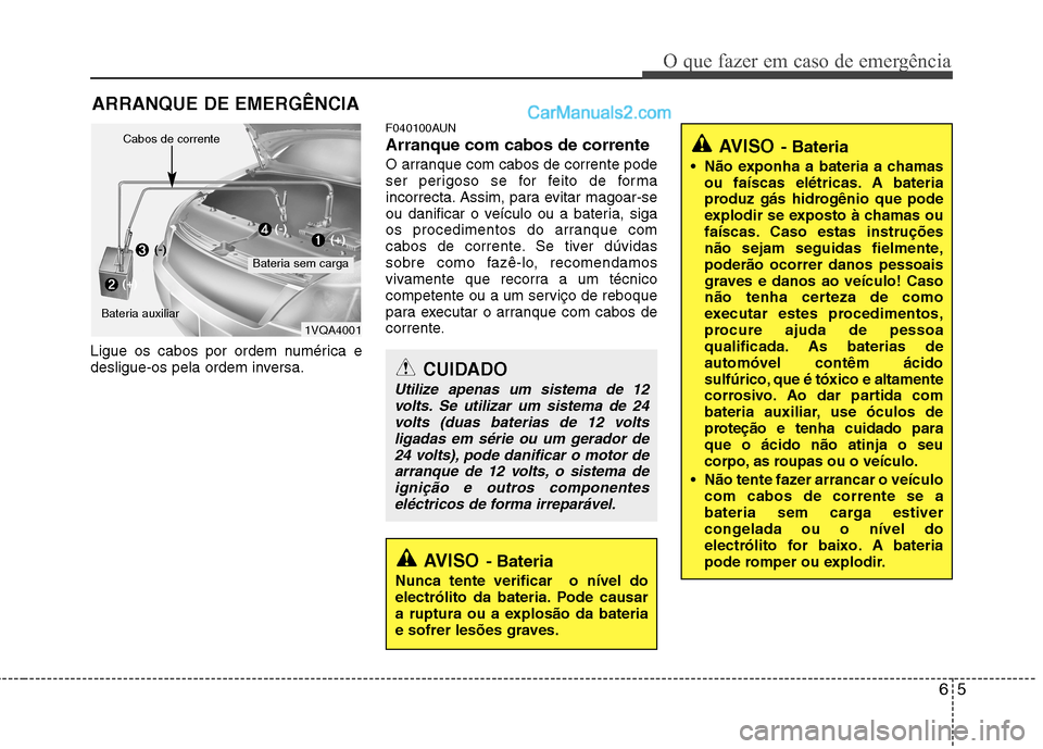 Hyundai Santa Fe 2011 Manual do proprietário (in Portuguese) 65
O que fazer em caso de emergência
ARRANQUE DE EMERGÊNCIA
Ligue os cabos por ordem numérica e
desligue-os pela ordem inversa. F040100AUN Arranque com cabos de corrente
O arranque com cabos de co Hyundai Santa Fe 2011 Manual do proprietário (in Portuguese) 65
O que fazer em caso de emergência
ARRANQUE DE EMERGÊNCIA
Ligue os cabos por ordem numérica e
desligue-os pela ordem inversa. F040100AUN Arranque com cabos de corrente
O arranque com cabos de co