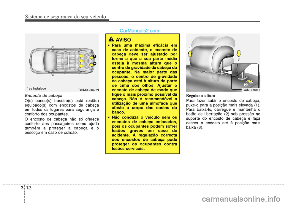 Hyundai Santa Fe 2011 Manual do proprietário (in Portuguese) Sistema de segurança do seu veículo
12
3
Encosto de cabeça
O(s) banco(s) traseiro(s) está (estão) equipado(s) com encostos de cabeça
em todos os lugares para segurança e
conforto dos ocupantes. Hyundai Santa Fe 2011 Manual do proprietário (in Portuguese) Sistema de segurança do seu veículo
12
3
Encosto de cabeça
O(s) banco(s) traseiro(s) está (estão) equipado(s) com encostos de cabeça
em todos os lugares para segurança e
conforto dos ocupantes.