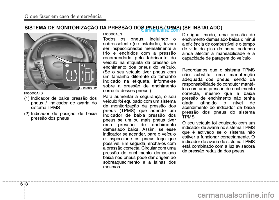 Hyundai Santa Fe 2011 Manual do proprietário (in Portuguese) O que fazer em caso de emergência
8
6
SISTEMA DE MONITORIZAÇÃO DA PRESSÃO DOS PNEUS (TPMS) (SE INSTALADO)
F060000AFD
(1) Indicador de baixa pressão dos pneus / Indicador de avaria do sistema TPM Hyundai Santa Fe 2011 Manual do proprietário (in Portuguese) O que fazer em caso de emergência
8
6
SISTEMA DE MONITORIZAÇÃO DA PRESSÃO DOS PNEUS (TPMS) (SE INSTALADO)
F060000AFD
(1) Indicador de baixa pressão dos pneus / Indicador de avaria do sistema TPM