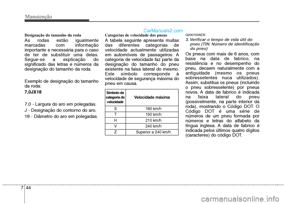 Hyundai Santa Fe 2011 Manual do proprietário (in Portuguese) Manutenção
44
7
Designação do tamanho da roda As rodas estão igualmente
marcadas com informação
importante e necessária para o caso
de ter de substituir uma delas.
Segue-se a explicação do
Hyundai Santa Fe 2011 Manual do proprietário (in Portuguese) Manutenção
44
7
Designação do tamanho da roda As rodas estão igualmente
marcadas com informação
importante e necessária para o caso
de ter de substituir uma delas.
Segue-se a explicação do