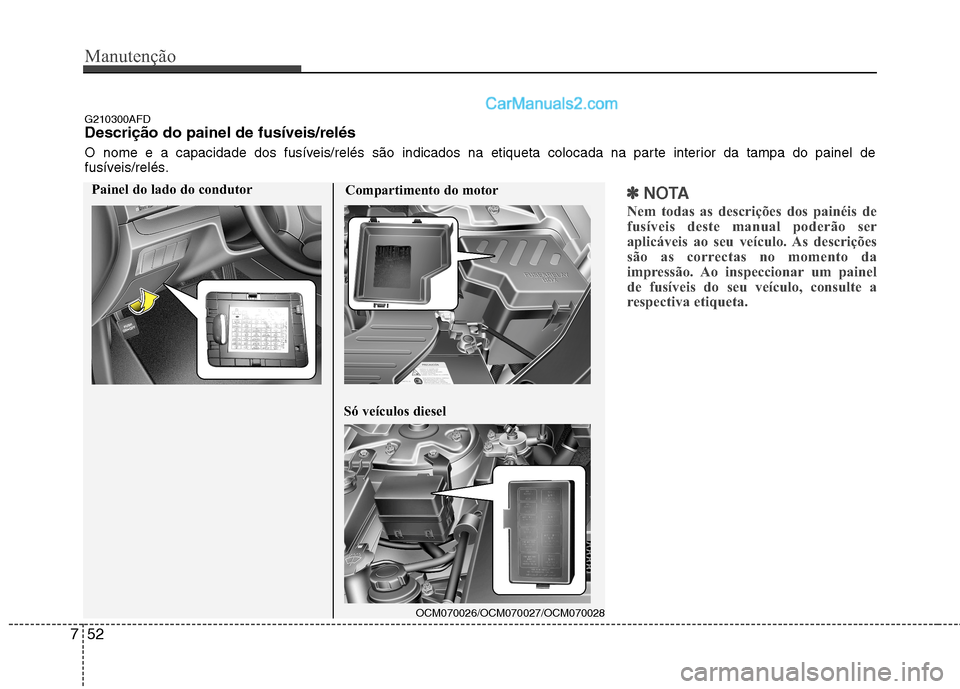 Hyundai Santa Fe 2011 Manual do proprietário (in Portuguese) Manutenção
52
7
✽✽
NOTA
Nem todas as descrições dos painéis de
fusíveis deste manual poderão ser
aplicáveis ao seu veículo. As descrições
são as correctas no momento da
impressão. Ao Hyundai Santa Fe 2011 Manual do proprietário (in Portuguese) Manutenção
52
7
✽✽
NOTA
Nem todas as descrições dos painéis de
fusíveis deste manual poderão ser
aplicáveis ao seu veículo. As descrições
são as correctas no momento da
impressão. Ao