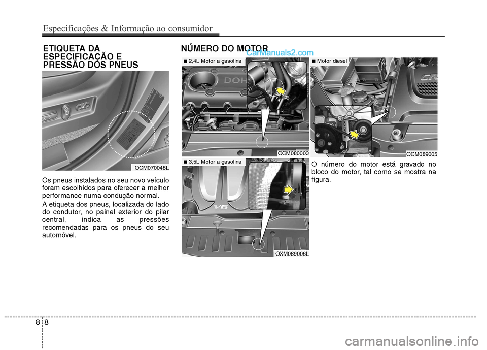 Hyundai Santa Fe 2011 Manual do proprietário (in Portuguese) Os pneus instalados no seu novo veículo
foram escolhidos para oferecer a melhor
performance numa condução normal.
A etiqueta dos pneus, localizada do lado
do condutor, no painel exterior do pila Hyundai Santa Fe 2011 Manual do proprietário (in Portuguese) Os pneus instalados no seu novo veículo
foram escolhidos para oferecer a melhor
performance numa condução normal.
A etiqueta dos pneus, localizada do lado
do condutor, no painel exterior do pila