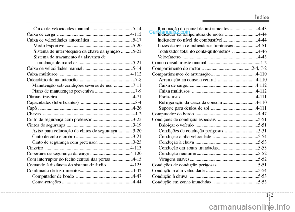 Hyundai Santa Fe 2011 Manual do proprietário (in Portuguese) I3
Índice
Caixa de velocidades manual ....................................5-14
Caixa de carga ..............................................................4-112
Caixa de velocidades automática ... Hyundai Santa Fe 2011 Manual do proprietário (in Portuguese) I3
Índice
Caixa de velocidades manual ....................................5-14
Caixa de carga ..............................................................4-112
Caixa de velocidades automática ...