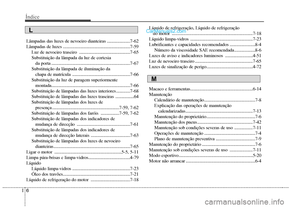Hyundai Santa Fe 2011 Manual do proprietário (in Portuguese) Índice
6
I
Lâmpadas das luzes de nevoeiro dianteiras ....................7-62
Lâmpadas de luzes ..........................................................7-59
Luz de nevoeiro traseiro ............ Hyundai Santa Fe 2011 Manual do proprietário (in Portuguese) Índice
6
I
Lâmpadas das luzes de nevoeiro dianteiras ....................7-62
Lâmpadas de luzes ..........................................................7-59
Luz de nevoeiro traseiro ............