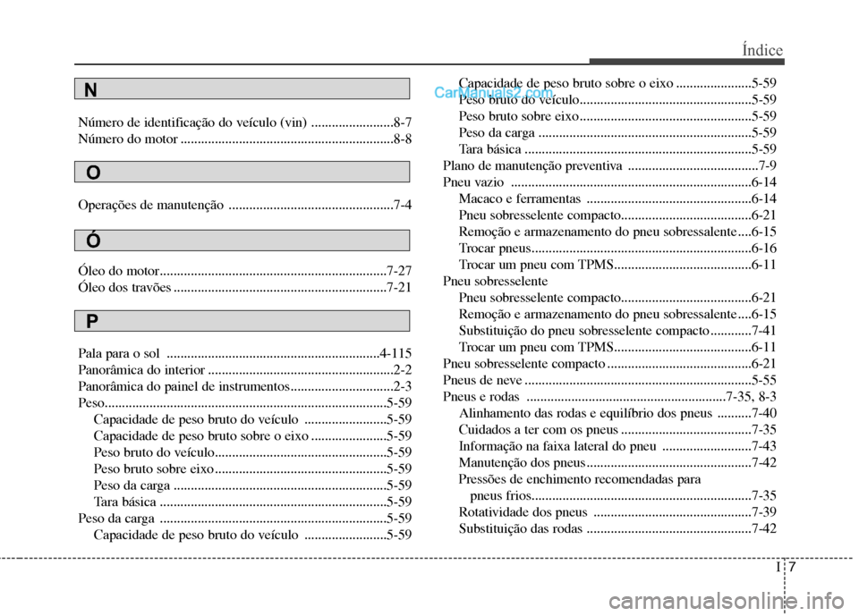 Hyundai Santa Fe 2011 Manual do proprietário (in Portuguese) I7
Índice
Número de identificação do veículo (vin) ........................8-7
Número do motor ..............................................................8-8
Operações de manutenção ... Hyundai Santa Fe 2011 Manual do proprietário (in Portuguese) I7
Índice
Número de identificação do veículo (vin) ........................8-7
Número do motor ..............................................................8-8
Operações de manutenção ...