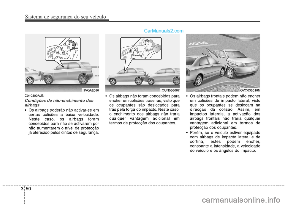 Hyundai Santa Fe 2011  Manual do proprietário (in Portuguese) Sistema de segurança do seu veículo
50
3
C040802AUN
Condições de não-enchimento dos
airbags
 Os airbags poderão não activar-se em certas colisões a baixa velocidade. 
Neste caso, os airbags fo