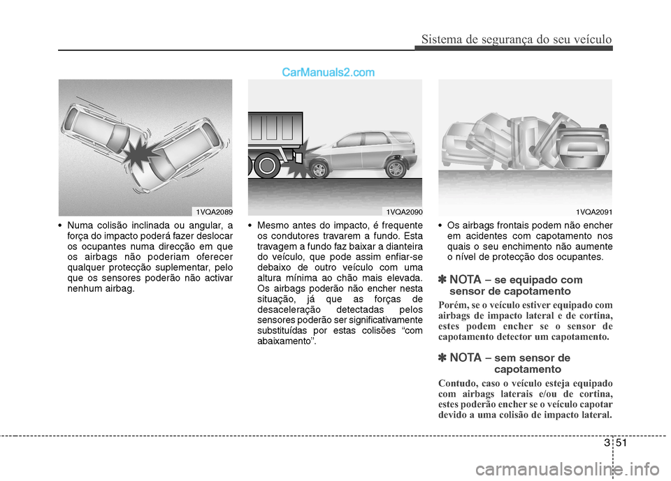 Hyundai Santa Fe 2011  Manual do proprietário (in Portuguese) 351
Sistema de segurança do seu veículo
 Numa colisão inclinada ou angular, aforça do impacto poderá fazer deslocar 
os ocupantes numa direcção em que
os airbags não poderiam oferecer
qualquer