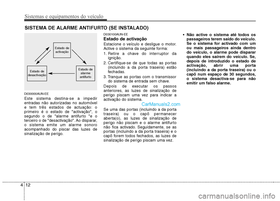 Hyundai Santa Fe 2011  Manual do proprietário (in Portuguese) Sistemas e equipamentos do veículo
12
4
D030000AUN-EE Este sistema destina-se a impedir 
entradas não autorizadas no automóvel
e tem três estados de actuação: o
primeiro é o estado de "activaç