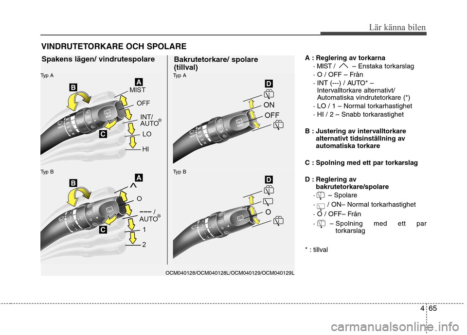 Hyundai Santa Fe 2011  Ägarmanual (in Swedish) 465
Lär känna bilen
A : Reglering av torkarna·
MIST / – Enstaka torkarslag
· O / OFF – Från 
· INT (---) / AUTO* –  Intervalltorkare alternativt/ 
Automatiska vindrutetorkare (*)
· LO / 1