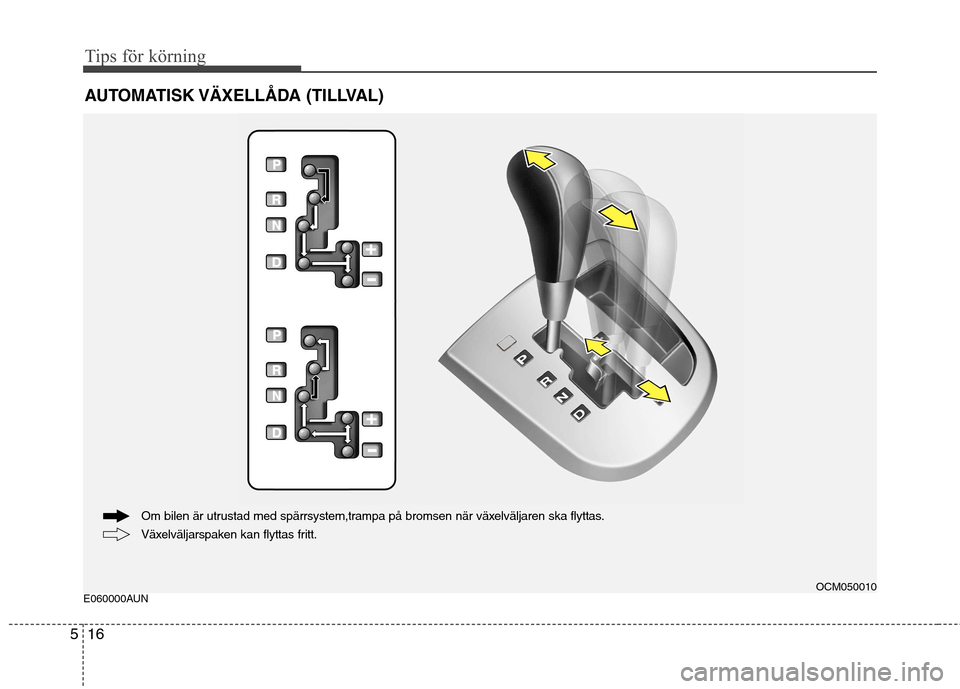 Hyundai Santa Fe 2011 Ägarmanual (in Swedish) Tips för körning
16
5
E060000AUN AUTOMATISK VÄXELLÅDA (TILLVAL)OCM050010
Växelväljarspaken kan flyttas fritt.
Om bilen är utrustad med spärrsystem,trampa på bromsen när växelväljaren ska Hyundai Santa Fe 2011 Ägarmanual (in Swedish) Tips för körning
16
5
E060000AUN AUTOMATISK VÄXELLÅDA (TILLVAL)OCM050010
Växelväljarspaken kan flyttas fritt.
Om bilen är utrustad med spärrsystem,trampa på bromsen när växelväljaren ska