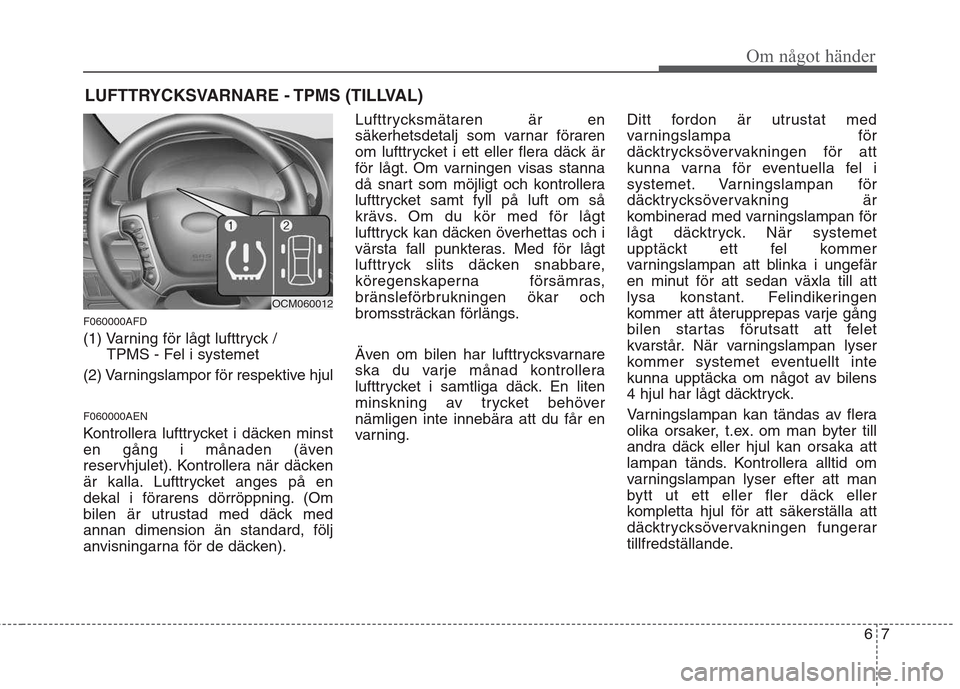 Hyundai Santa Fe 2011 Ägarmanual (in Swedish) 67
Om något händer
LUFTTRYCKSVARNARE - TPMS (TILLVAL)
F060000AFD
(1) Varning för lågt lufttryck / TPMS - Fel i systemet
(2) Varningslampor för respektive hjul F060000AEN
Kontrollera lufttryck Hyundai Santa Fe 2011 Ägarmanual (in Swedish) 67
Om något händer
LUFTTRYCKSVARNARE - TPMS (TILLVAL)
F060000AFD
(1) Varning för lågt lufttryck / TPMS - Fel i systemet
(2) Varningslampor för respektive hjul F060000AEN
Kontrollera lufttryck