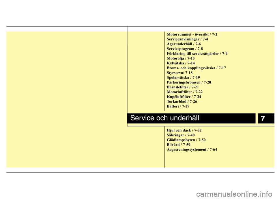 Hyundai Santa Fe 2011 Ägarmanual (in Swedish) 7
Motorrummet - översikt / 7-2
Serviceanvisningar / 7-4
Ägarunderhåll / 7-6
Serviceprogram / 7-8
Förklaring till serviceåtgärder / 7-9
Motorolja / 7-13
Kylvätska / 7-14
Broms- och kopplingsvä Hyundai Santa Fe 2011 Ägarmanual (in Swedish) 7
Motorrummet - översikt / 7-2
Serviceanvisningar / 7-4
Ägarunderhåll / 7-6
Serviceprogram / 7-8
Förklaring till serviceåtgärder / 7-9
Motorolja / 7-13
Kylvätska / 7-14
Broms- och kopplingsvä