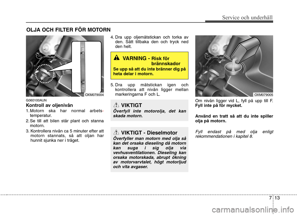 Hyundai Santa Fe 2011 Ägarmanual (in Swedish) 713
Service och underhåll
OLJA OCH FILTER FÖR MOTORN
G060100AUN
Kontroll av oljenivån
1. Motorn ska har normal arbets
-temperatur.
2. Se till att bilen står plant och stanna motorn.
3. Kontrolle Hyundai Santa Fe 2011 Ägarmanual (in Swedish) 713
Service och underhåll
OLJA OCH FILTER FÖR MOTORN
G060100AUN
Kontroll av oljenivån
1. Motorn ska har normal arbets
-temperatur.
2. Se till att bilen står plant och stanna motorn.
3. Kontrolle
