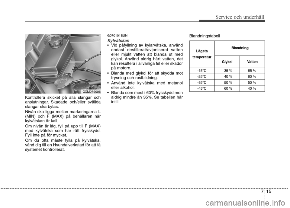 Hyundai Santa Fe 2011 Ägarmanual (in Swedish) 715
Service och underhåll
Kontrollera skicket på alla slangar och
anslutningar. Skadade och/eller svällda
slangar ska bytas.
Nivån ska ligga mellan markeringarna L (MIN) och F (MAX) på behåll Hyundai Santa Fe 2011 Ägarmanual (in Swedish) 715
Service och underhåll
Kontrollera skicket på alla slangar och
anslutningar. Skadade och/eller svällda
slangar ska bytas.
Nivån ska ligga mellan markeringarna L (MIN) och F (MAX) på behåll