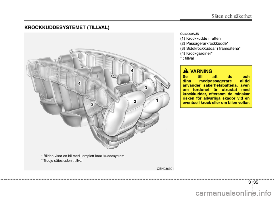 Hyundai Santa Fe 2011 Ägarmanual (in Swedish) 335
Säten och säkerhet
C040000AUN
(1) Krockkudde i ratten
(2) Passagerarkrockkudde*
(3) Sidokrockkuddar i framsätena*
(4) Krockgardiner*
* : tillval
KROCKKUDDESYSTEMET (TILLVAL)
VARNING
Se till a Hyundai Santa Fe 2011 Ägarmanual (in Swedish) 335
Säten och säkerhet
C040000AUN
(1) Krockkudde i ratten
(2) Passagerarkrockkudde*
(3) Sidokrockkuddar i framsätena*
(4) Krockgardiner*
* : tillval
KROCKKUDDESYSTEMET (TILLVAL)
VARNING
Se till a
