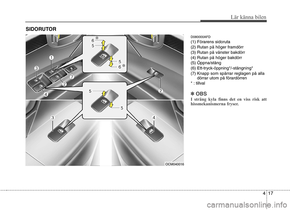 Hyundai Santa Fe 2011 Ägarmanual (in Swedish) 417
Lär känna bilen
D080000AFD
(1) Förarens sidoruta
(2) Rutan på höger framdörr(3) Rutan på vänster bakdörr(4) Rutan på höger bakdörr(5) Öppna/stäng
(6) Ett-tryck-öppning*/-stängning Hyundai Santa Fe 2011 Ägarmanual (in Swedish) 417
Lär känna bilen
D080000AFD
(1) Förarens sidoruta
(2) Rutan på höger framdörr(3) Rutan på vänster bakdörr(4) Rutan på höger bakdörr(5) Öppna/stäng
(6) Ett-tryck-öppning*/-stängning