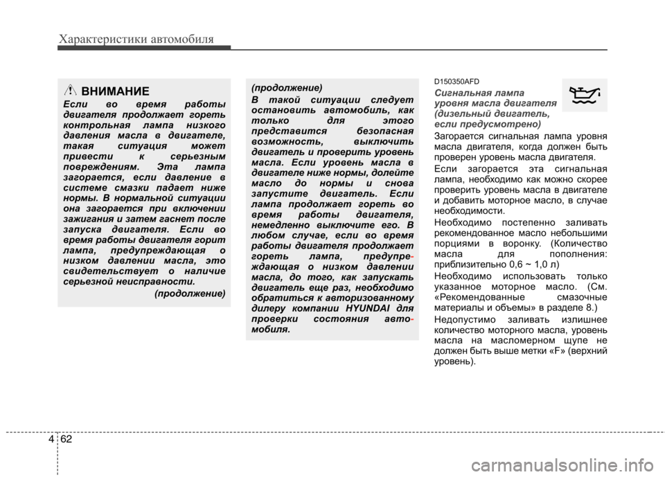 Hyundai Santa Fe 2011 Инструкция по эксплуатации (in Russian) Характеристики автомобиля
62
4
D150350AFD
Сигнальная лампа
уровня масла двигателя
(дизельный двигатель,
если пред Hyundai Santa Fe 2011 Инструкция по эксплуатации (in Russian) Характеристики автомобиля
62
4
D150350AFD
Сигнальная лампа
уровня масла двигателя
(дизельный двигатель,
если пред
