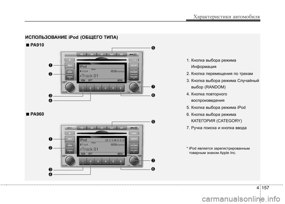 Hyundai Santa Fe 2011  Инструкция по эксплуатации (in Russian) 4157
Характеристики автомобиля
1. Кнопка выбора режимаИнформация 
2. Кнопка перемещения по трекам 
3. Кнопка выбо