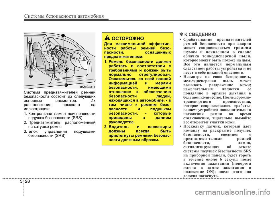 Hyundai Santa Fe 2011 Инструкция по эксплуатации (in Russian) Системы безопасности автомобиля
28
3
Система преднатяжителей ремней
безопасности состоит из следующих
основ Hyundai Santa Fe 2011 Инструкция по эксплуатации (in Russian) Системы безопасности автомобиля
28
3
Система преднатяжителей ремней
безопасности состоит из следующих
основ