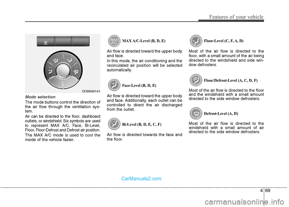 Hyundai Santa Fe 2010 Owners Manual
469
Features of your vehicle
Mode selection
The mode buttons control the direction of
the air flow through the ventilation sys-
tem.
Air can be directed to the floor, dashboard
outlets, or windshield Hyundai Santa Fe 2010 Owners Manual
469
Features of your vehicle
Mode selection
The mode buttons control the direction of
the air flow through the ventilation sys-
tem.
Air can be directed to the floor, dashboard
outlets, or windshield