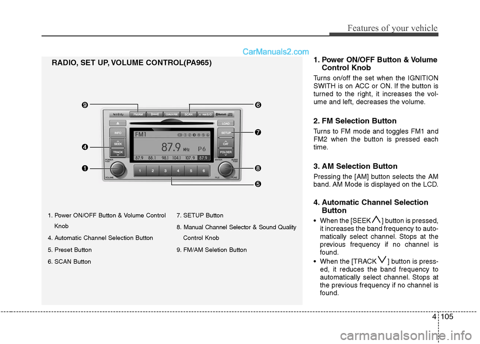 Hyundai Santa Fe 2010  Owners Manual 
4105
Features of your vehicle
1. Power ON/OFF Button & Volume ControlKnob
4. Automatic Channel Selection Button
5. Preset Button
6. SCAN Button 7. SETUP Button
8. Manual Channel Selector & Sound Qual