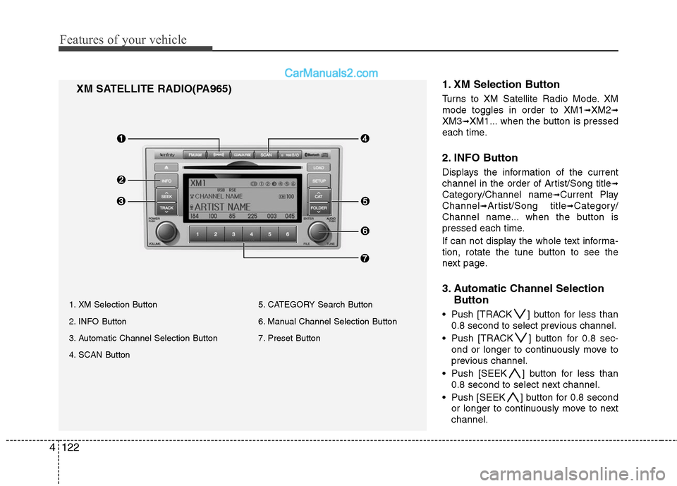 Hyundai Santa Fe 2010  Owners Manual 
Features of your vehicle
122
4
1. XM Selection Button
Turns to XM Satellite Radio Mode. XM
mode toggles in order to XM1
➟XM2➟
XM3➟XM1... when the button is pressed
each time.
2. INFO Button
Dis