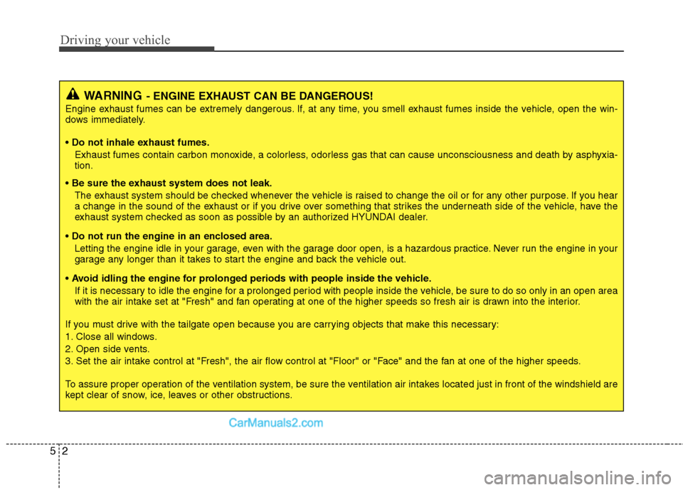Hyundai Santa Fe 2010  Owners Manual 
Driving your vehicle
2
5
WARNING- ENGINE EXHAUST CAN BE DANGEROUS!
Engine exhaust fumes can be extremely dangerous. If, at any time, you smell exhaust fumes inside the vehicle, open the win-
dows imm