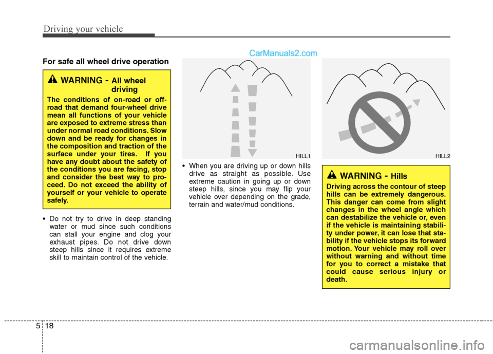 Hyundai Santa Fe 2010  Owners Manual 
Driving your vehicle
18
5
For safe all wheel drive operation
 Do not try to drive in deep standing
water or mud since such conditions
can stall your engine and clog your
exhaust pipes. Do not drive d