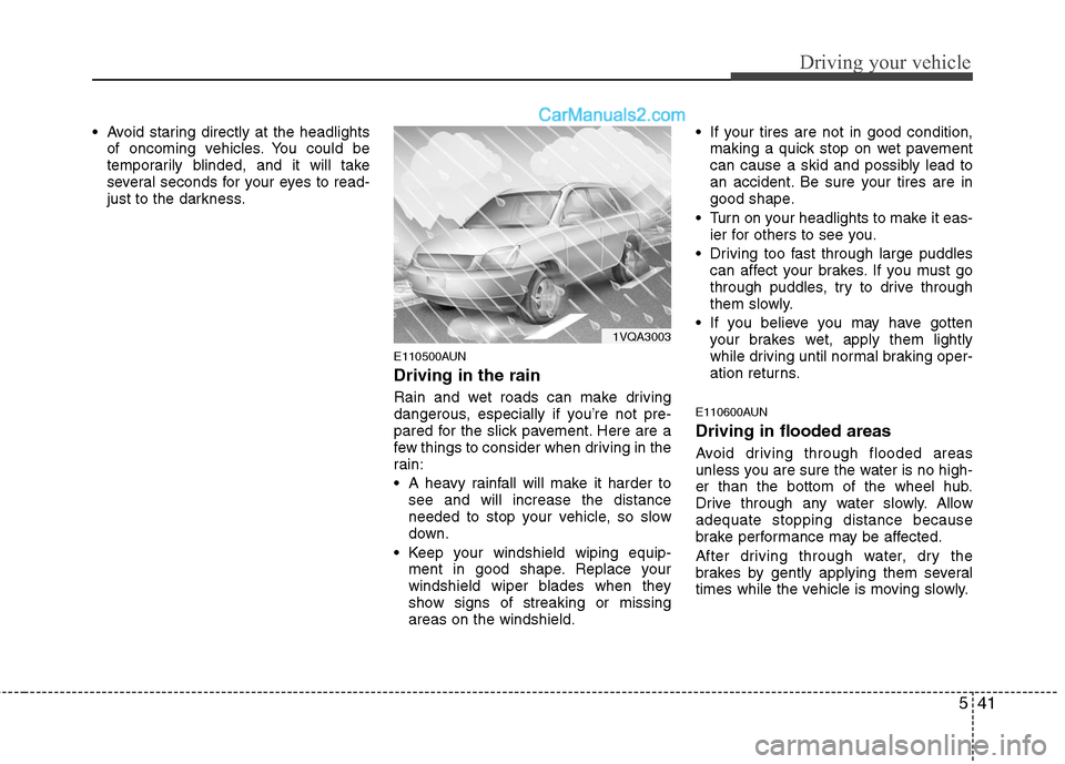Hyundai Santa Fe 2010  Owners Manual 
541
Driving your vehicle
 Avoid staring directly at the headlightsof oncoming vehicles. You could be
temporarily blinded, and it will take
several seconds for your eyes to read-
just to the darkness.