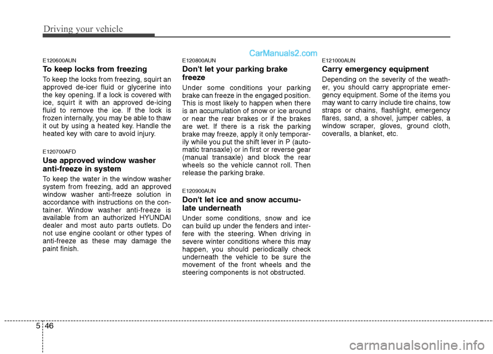 Hyundai Santa Fe 2010  Owners Manual 
Driving your vehicle
46
5
E120600AUN
To keep locks from freezing
To keep the locks from freezing, squirt an
approved de-icer fluid or glycerine into
the key opening. If a lock is covered with
ice, sq