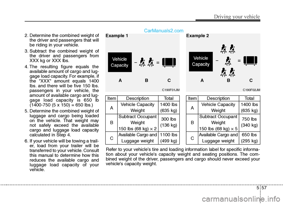 Hyundai Santa Fe 2010  Owners Manual 
557
Driving your vehicle
2. Determine the combined weight ofthe driver and passengers that will
be riding in your vehicle.
3. Subtract the combined weight of the driver and passengers from
XXX kg or 