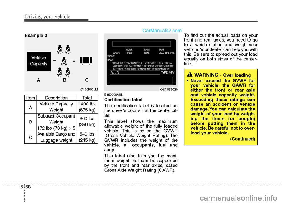 Hyundai Santa Fe 2010 Owners Manual
Driving your vehicle
58
5
E150200AUN
Certification label
The certification label is located on
the drivers door sill at the center pil-
lar.
This label shows the maximum
allowable weight of the full Hyundai Santa Fe 2010 Owners Manual
Driving your vehicle
58
5
E150200AUN
Certification label
The certification label is located on
the drivers door sill at the center pil-
lar.
This label shows the maximum
allowable weight of the full