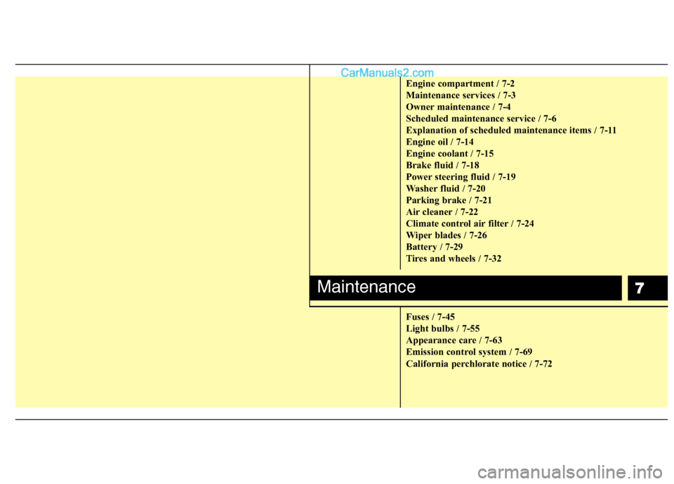 Hyundai Santa Fe 2010  Owners Manual 
7
Engine compartment / 7-2
Maintenance services / 7-3
Owner maintenance / 7-4
Scheduled maintenance service / 7-6
Explanation of scheduled maintenance items / 7-11
Engine oil / 7-14
Engine coolant / 