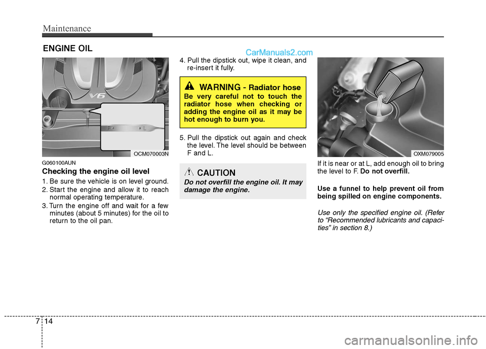 Hyundai Santa Fe 2010  Owners Manual 
Maintenance
14
7
ENGINE OIL
G060100AUN
Checking the engine oil level  
1. Be sure the vehicle is on level ground.
2. Start the engine and allow it to reach
normal operating temperature.
3. Turn the e