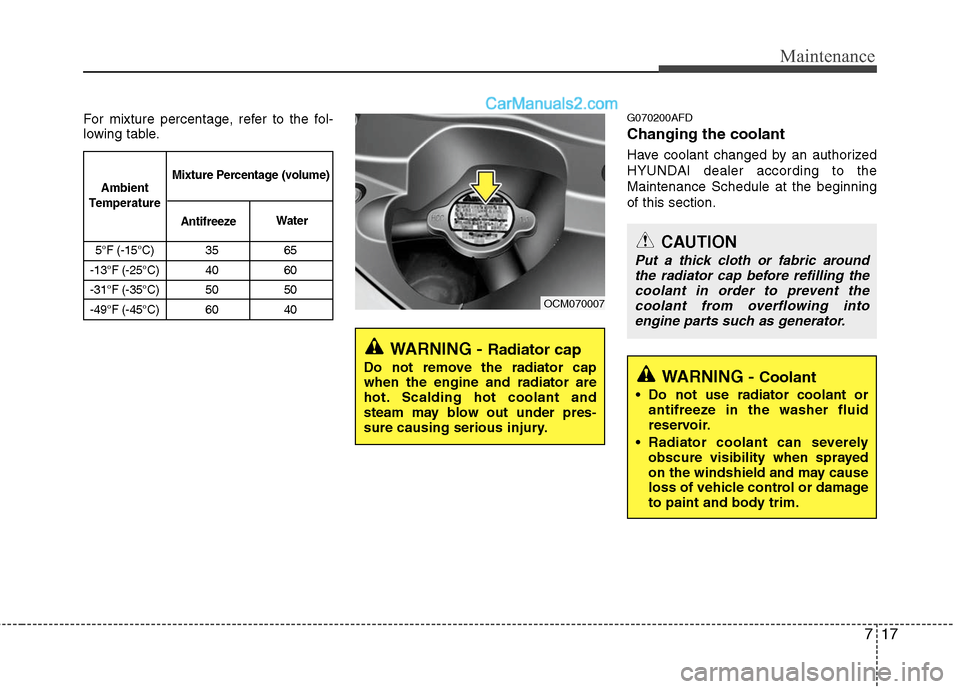 Hyundai Santa Fe 2010 Owners Manual
717
Maintenance
For mixture percentage, refer to the fol-
lowing table.G070200AFD
Changing the coolant
Have coolant changed by an authorized
HYUNDAI dealer according to the
Maintenance Schedule at th Hyundai Santa Fe 2010 Owners Manual
717
Maintenance
For mixture percentage, refer to the fol-
lowing table.G070200AFD
Changing the coolant
Have coolant changed by an authorized
HYUNDAI dealer according to the
Maintenance Schedule at th