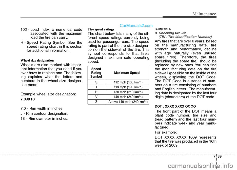 Hyundai Santa Fe 2010  Owners Manual 
739
Maintenance
102 - Load Index, a numerical codeassociated with the maximum
load the tire can carry.
H - Speed Rating Symbol. See the speed rating chart in this section
for additional information.
