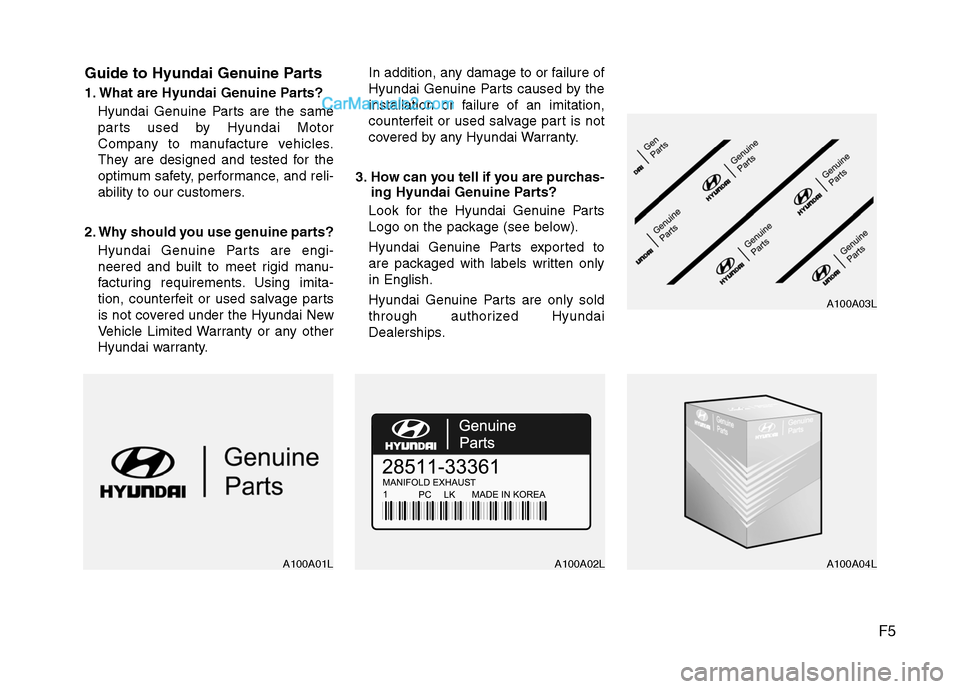 Hyundai Santa Fe 2010 Owners Manual
F5
Guide to Hyundai Genuine Parts
1. What are Hyundai Genuine Parts?
Hyundai Genuine Parts are the same
parts used by Hyundai Motor
Company to manufacture vehicles.
They are designed and tested for t Hyundai Santa Fe 2010 Owners Manual
F5
Guide to Hyundai Genuine Parts
1. What are Hyundai Genuine Parts?
Hyundai Genuine Parts are the same
parts used by Hyundai Motor
Company to manufacture vehicles.
They are designed and tested for t