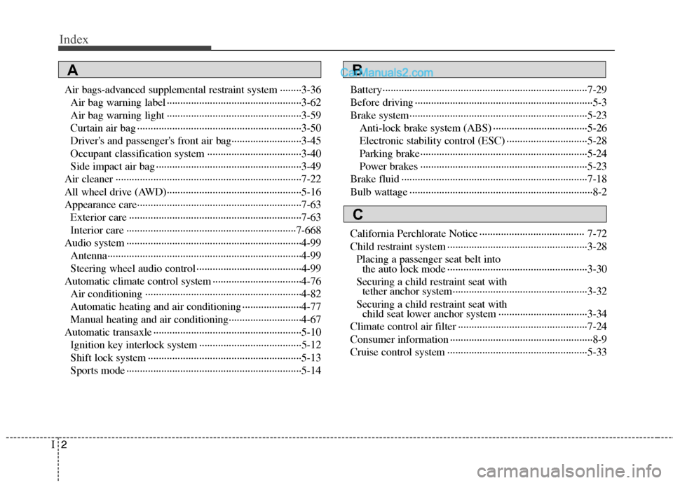 Hyundai Santa Fe 2010 Owners Manual
Index
2I
Air bags-advanced supplemental restraint system ········3-36Air bag warning label ··················\
··················\
············ Hyundai Santa Fe 2010 Owners Manual
Index
2I
Air bags-advanced supplemental restraint system ········3-36Air bag warning label ··················\
··················\
············
