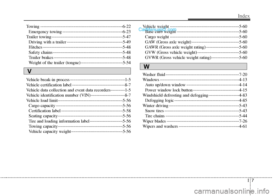 Hyundai Santa Fe 2010 Owners Manual
I7
Index
Towing ··················\
··················\
··················\
··················\
···6-22Emergency towing ·· Hyundai Santa Fe 2010 Owners Manual
I7
Index
Towing ··················\
··················\
··················\
··················\
···6-22Emergency towing ··