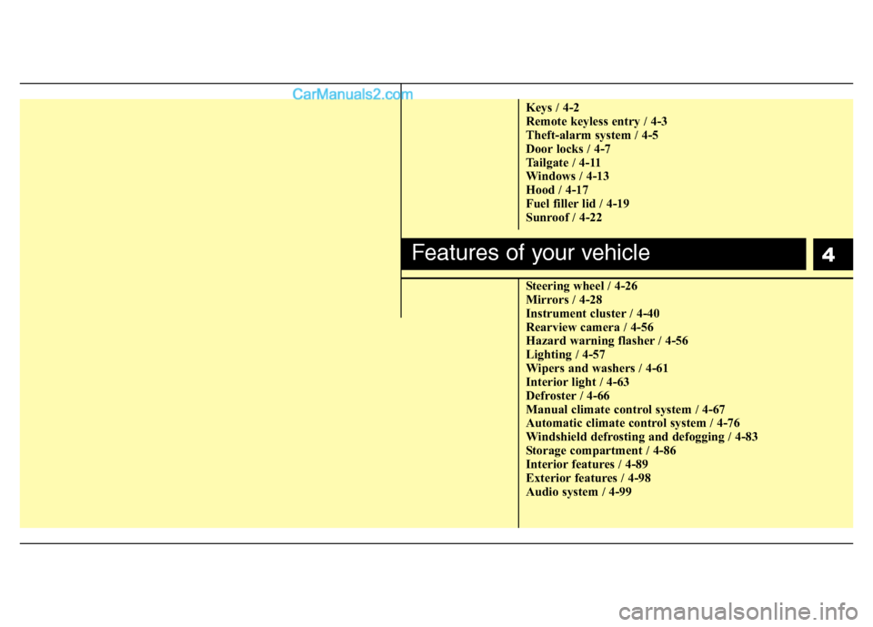 Hyundai Santa Fe 2010  Owners Manual 
4
Keys / 4-2
Remote keyless entry / 4-3
Theft-alarm system / 4-5
Door locks / 4-7
Tailgate / 4-11
Windows / 4-13
Hood / 4-17
Fuel filler lid / 4-19
Sunroof / 4-22
Steering wheel / 4-26
Mirrors / 4-28