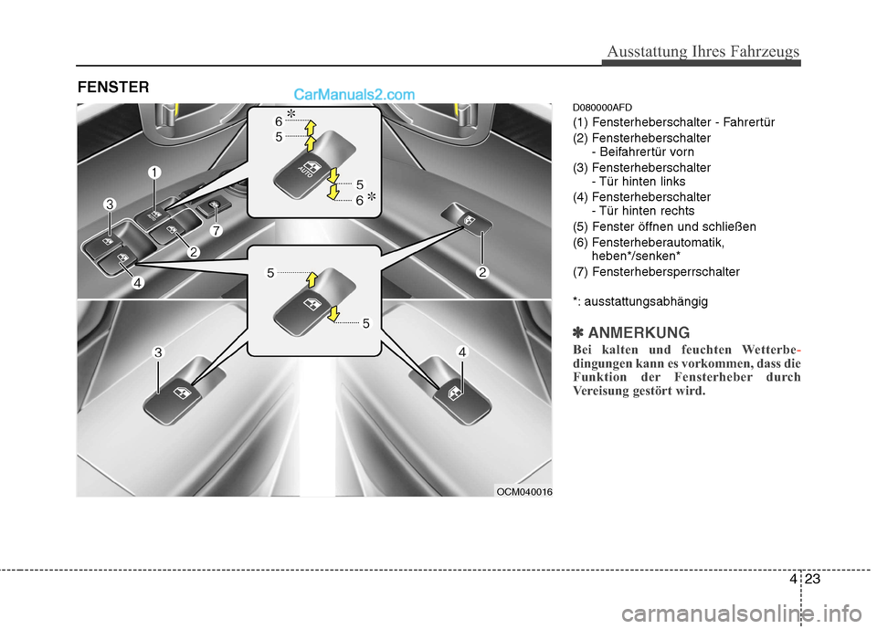 Hyundai Santa Fe 2010  Betriebsanleitung (in German) 423
Ausstattung Ihres Fahrzeugs
D080000AFD 
(1) Fensterheberschalter - Fahrertür
(2) Fensterheberschalter- Beifahrertür vorn
(3) Fensterheberschalter - Tür hinten links
(4) Fensterheberschalter  - 