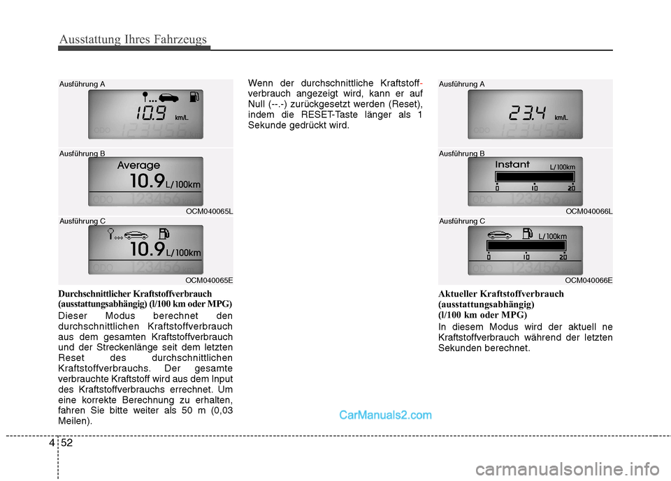 Hyundai Santa Fe 2010  Betriebsanleitung (in German) Ausstattung Ihres Fahrzeugs
52
4
Durchschnittlicher Kraftstoffverbrauch 
(ausstattungsabhängig) (l/100 km oder MPG) Dieser Modus berechnet den 
durchschnittlichen Kraftstoffverbrauch
aus dem gesamten