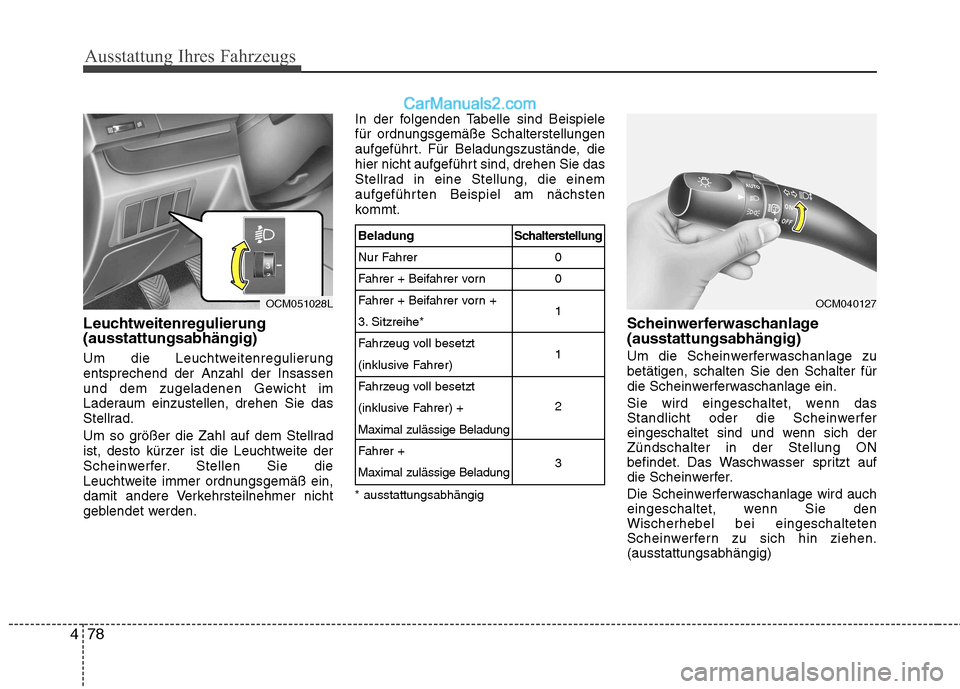 Hyundai Santa Fe 2010  Betriebsanleitung (in German) Ausstattung Ihres Fahrzeugs
78
4
Leuchtweitenregulierung (ausstattungsabhängig) 
Um die Leuchtweitenregulierung entsprechend der Anzahl der Insassen
und dem zugeladenen Gewicht im
Laderaum einzustell