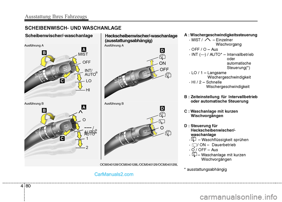 Hyundai Santa Fe 2010  Betriebsanleitung (in German) Ausstattung Ihres Fahrzeugs
80
4
A : Wischergeschwindigkeitssteuerung
· 
MIST /  – Einzelner 
Wischvorgang
· OFF / O – Aus 
· INT (---) / AUTO* – Intervallbetrieb oder automatische
Steuerung(