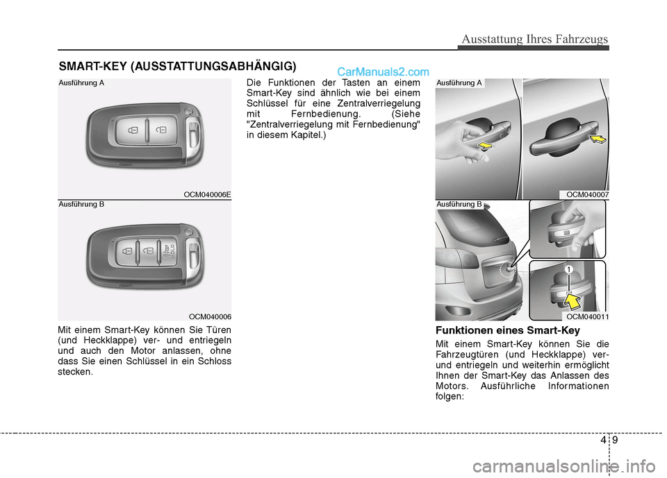 Hyundai Santa Fe 2010  Betriebsanleitung (in German) 49
Ausstattung Ihres Fahrzeugs
Mit einem Smart-Key können Sie Türen 
(und Heckklappe) ver- und entriegelnund auch den Motor anlassen, ohnedass Sie einen Schlüssel in ein Schloss
stecken.Die Funktio