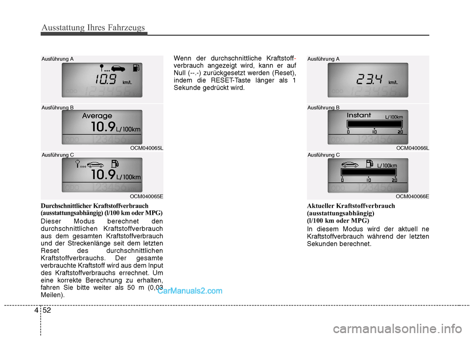 Hyundai Santa Fe 2010 Betriebsanleitung (in German) Ausstattung Ihres Fahrzeugs
52
4
Durchschnittlicher Kraftstoffverbrauch
(ausstattungsabhängig) (l/100 km oder MPG) Dieser Modus berechnet den
durchschnittlichen Kraftstoffverbrauch
aus dem gesamten Hyundai Santa Fe 2010 Betriebsanleitung (in German) Ausstattung Ihres Fahrzeugs
52
4
Durchschnittlicher Kraftstoffverbrauch
(ausstattungsabhängig) (l/100 km oder MPG) Dieser Modus berechnet den
durchschnittlichen Kraftstoffverbrauch
aus dem gesamten