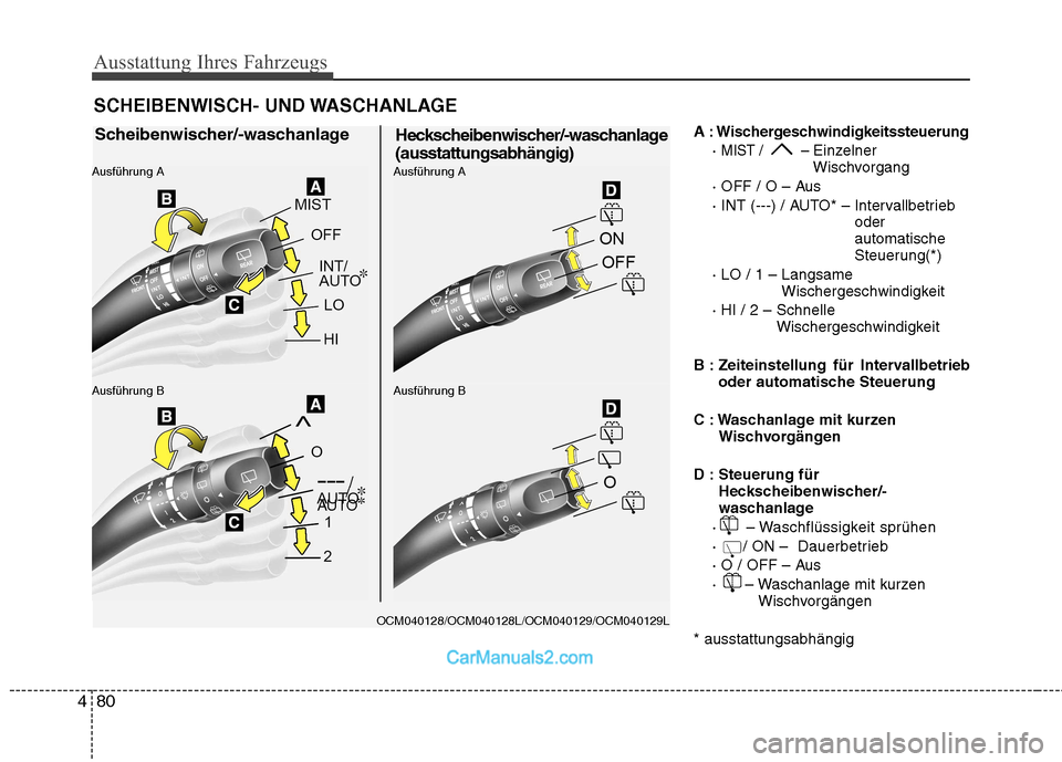 Hyundai Santa Fe 2010  Betriebsanleitung (in German) Ausstattung Ihres Fahrzeugs
80
4
A : Wischergeschwindigkeitssteuerung
· 
MIST /  – Einzelner 
Wischvorgang
· OFF / O – Aus 
· INT (---) / AUTO* – Intervallbetrieb oder automatische
Steuerung(